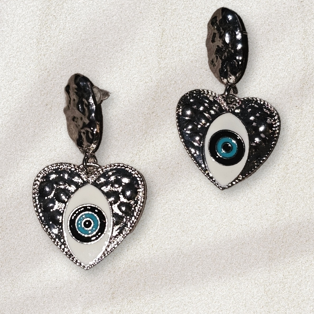 Evil eye western textured heart shape silver tone drop earrings